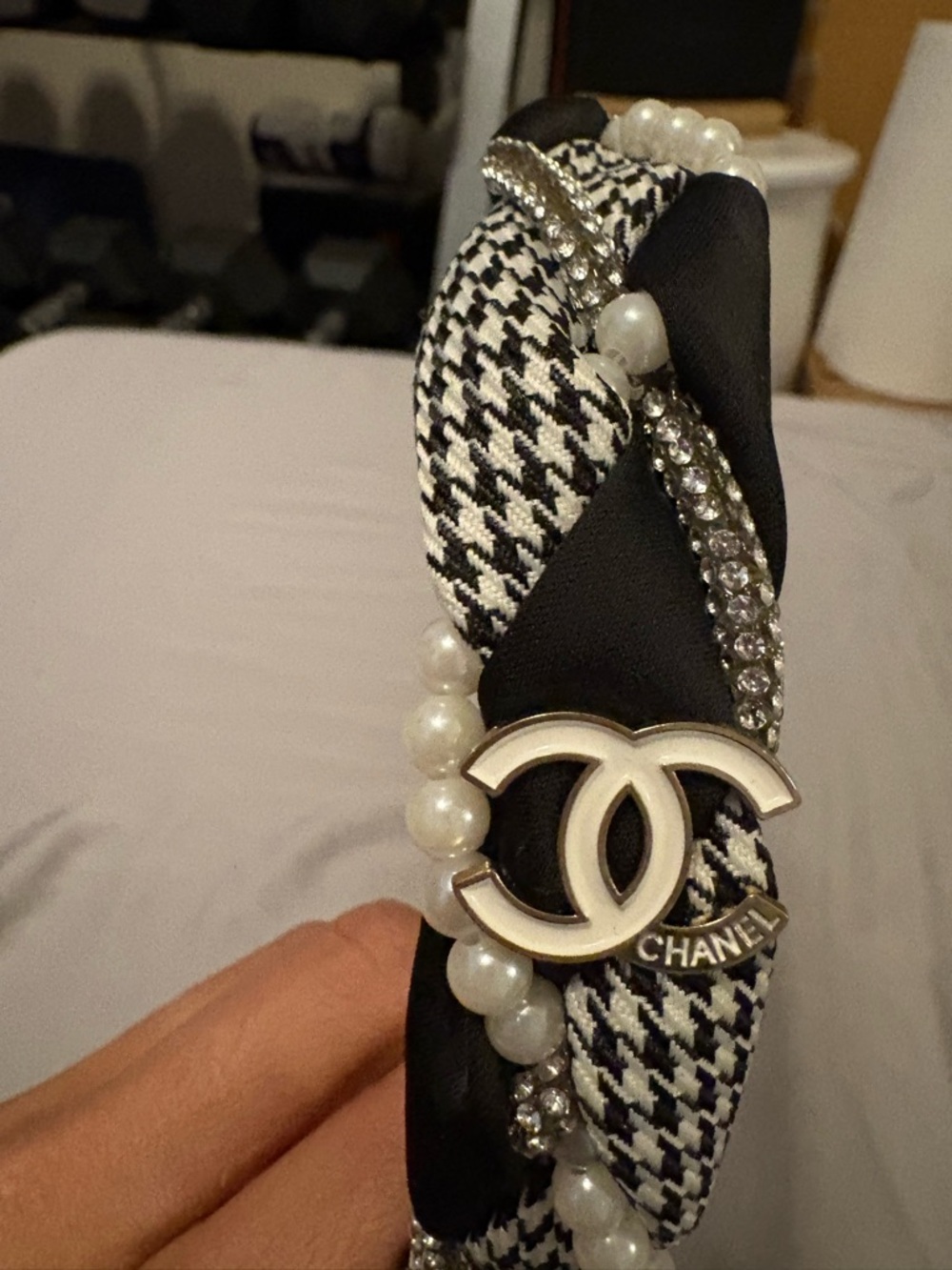 Charm Black & White Braided Pearl Headband with Silver Accent - Picture 2 of 3